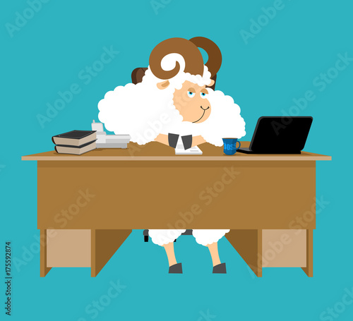 Ram boss. sheep businessman at desk. Farm office. Vector illustration.