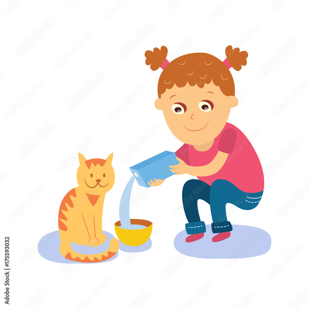 Little girl pouring milk into bowl, feeding her cat, kitten, flat cartoon vector illustration isolated on white background. Flat cartoon girl feeding her cat, pouring milk into bowl