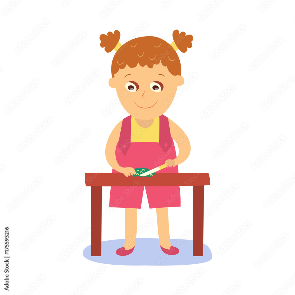Little girl cooking, cutting cucumber on kitchen table, flat, comic style cartoon vector illustration isolated on white background. Cartoon girl cutting cucumber, helping with cooking Little girl cooking, cutting cucumber on kitchen table, flat, comic style cartoon vector illustration isolated on white background. Cartoon girl cutting cucumber, helping with cooking