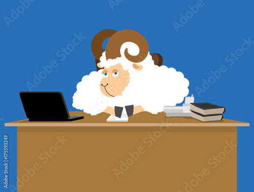 Ram boss. sheep businessman at desk. Farm office. Vector illustration.