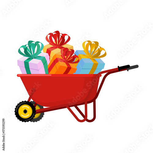 Santa Claus Wheelbarrow and gifts. Xmas grounds trolley. Christmas and new year. Vector illustration