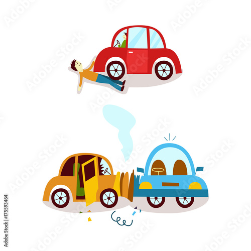 vector flat car , accident set. Side vehicle collision, both vehicle have broken glasses smoke from hood, predestrian accident. Isolated illustration on a white background photo
