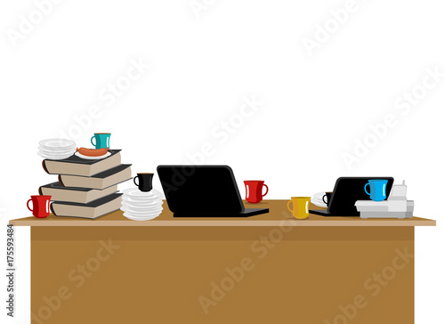 mess in workplace. Computer freelancer. Dirty dishes and laptop. Vector illustration