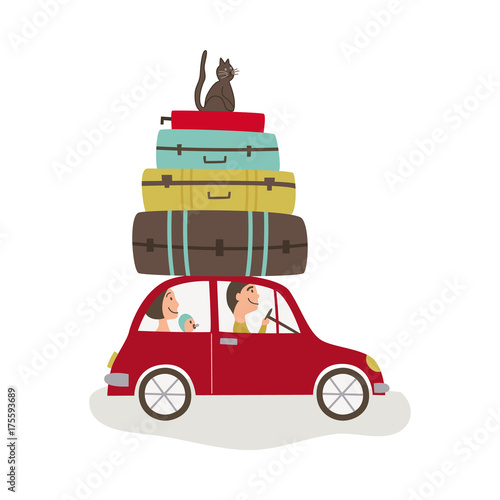 vector flat cartoon style family driving red car with big bags and cat at its roof. Travelling by motor vehicle, road trip concept. Isolated illustration on a white background.