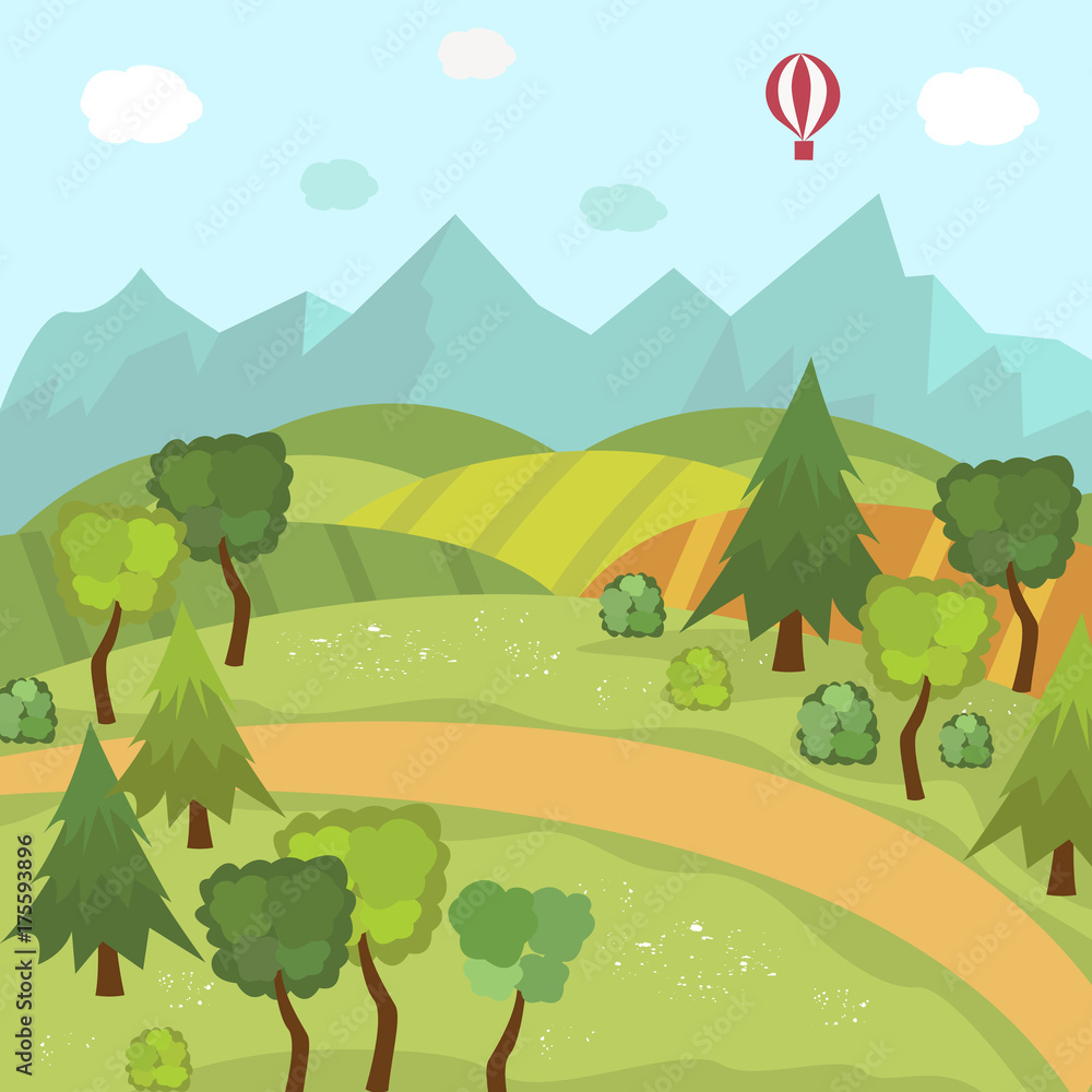 Countryside landscape with green fields, trees, mountains and hot air balloon in the sky, flat cartoon vector illustration. Hills and mountains, green valley, mountains and hot air balloon in blue sky