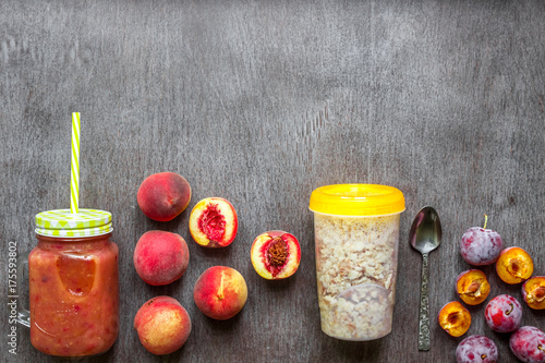 Fruit Smoothies. Peach and plum smoothie. Peach, plum and oatmeal. Delicious and healthy breakfast photo