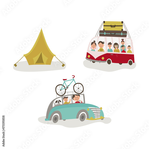 Family traveling by car, bus with baggage on the roof, road trip and camping concept, flat cartoon vector illustration isolated on white background. Family road trip, people travelling by car, bus