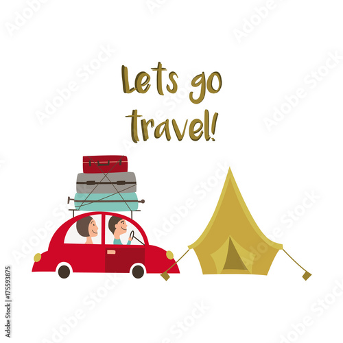 Family road trip - car with baggage, luggage on the roof and tourist tent, flat cartoon vector illustration isolated on white background. Road trip concept, family travelling by car, camping