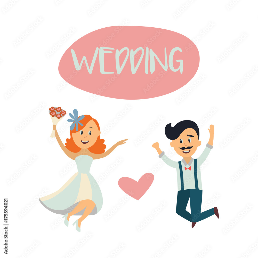 Wedding card, postcard template with funny couple, bride and groom, jumping  happily, flat cartoon vector illustration isolated on white background.  Funny comic wedding couple, bride and groom, jumping Stock Vector | Adobe