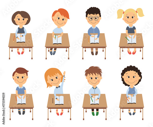 Cute elementary school kids in classroom sitting at lesson, flat cartoon vector illustration isolated on white background. Kids in classroom, students of elementary, primary school