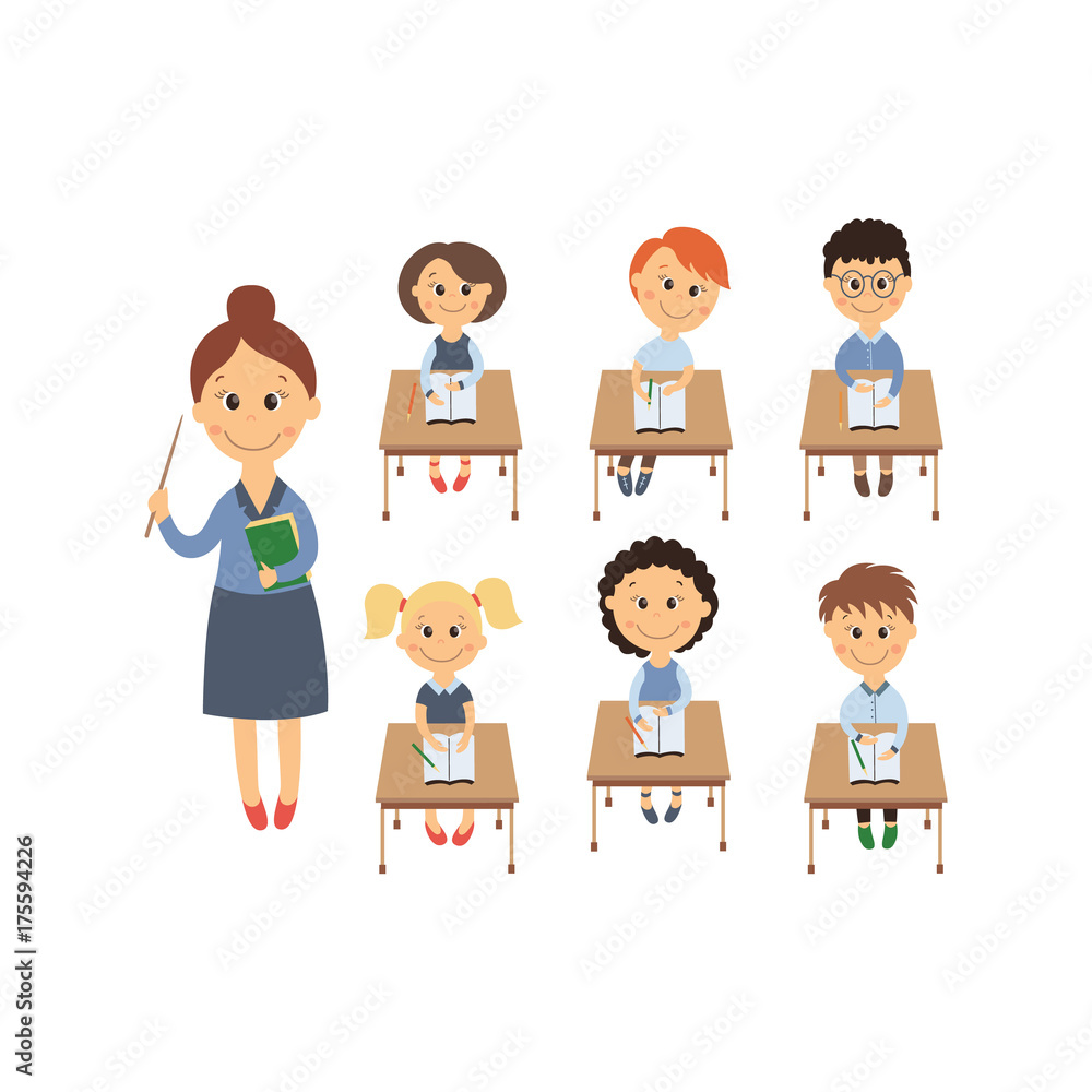 vector flat cartoon cute schoolkid character sitting at desk in elementary school smiling, teacher with pointer set. Isolated illustration on a white background. Child education back to school concept