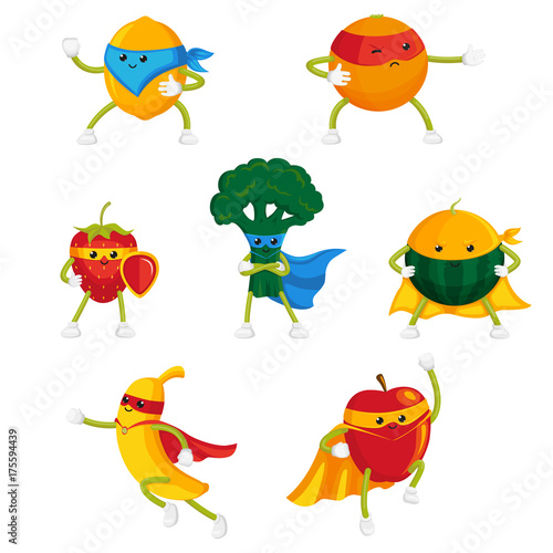 Funny fruit and berry hero, superhero characters in capes and masks, set of flat style cartoon vector illustrations isolated on white background. Funny fruit and berry hero, superhero characters © sabelskaya
