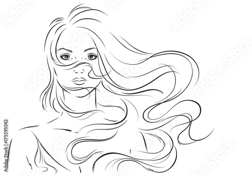 Sketch of beautiful girl with flying hair