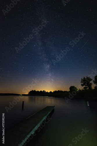 Night sky over the lake with milky way display . Beautiful landscape  photo