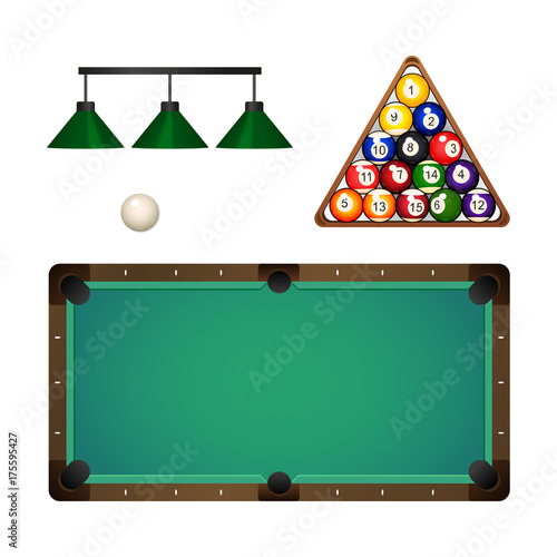 vector flat cartoon billiard snooker, pool equipment objects set. pendant lamps, colored ball pyramid in wooden rack triangle, table and cue white ball. Isolated illustration on a white background.
