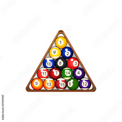 vector flat colored balls with numbers pyramid in wooden rack triangle. Isolated illustration on a white background. Professional snooker set, pool billiard equipment, instrument for your design.