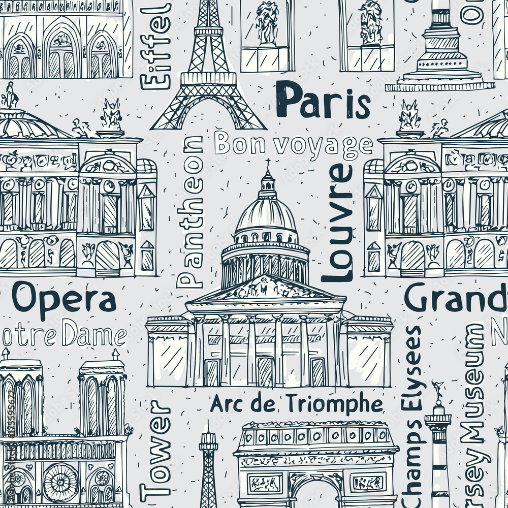 Paris landmarks seamless vector pattern. hand drawn background