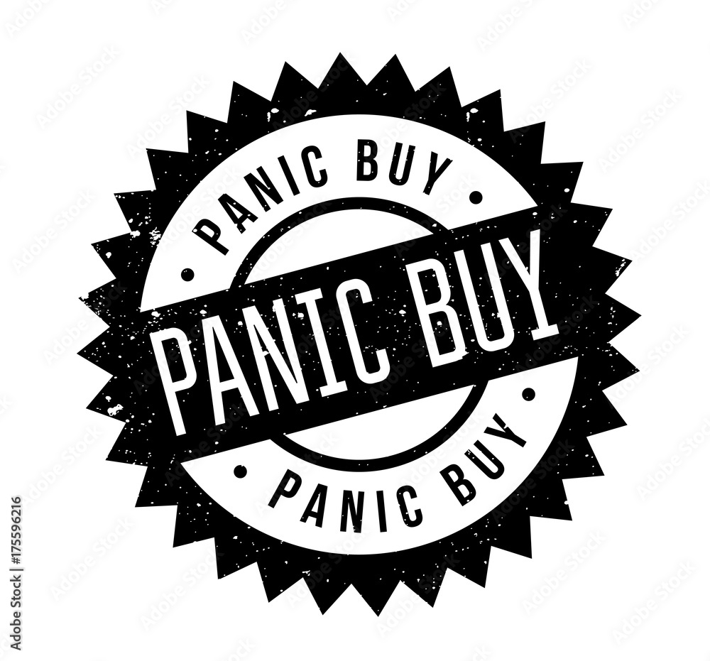 Panic Buy rubber stamp. Grunge design with dust scratches. Effects can be easily removed for a clean, crisp look. Color is easily changed.