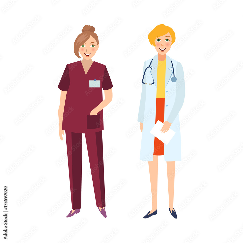 Two female doctors, therapist in white coat and nurse in medical gowns, hospital staff, flat cartoon vector illustration isolated on white background. Flat cartoon female doctor and nurse