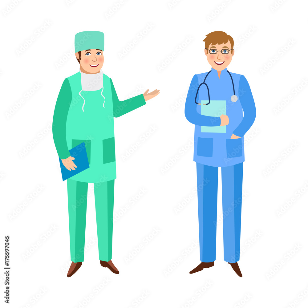 Two male doctors, surgeon and therapist, in medical overalls, hospital staff, flat cartoon vector illustration isolated on white background. Flat cartoon doctors in medical overalls Two male doctors, surgeon and therapist, in medical overalls, hospital staff, flat cartoon vector illustration isolated on white background. Flat cartoon doctors in medical overalls