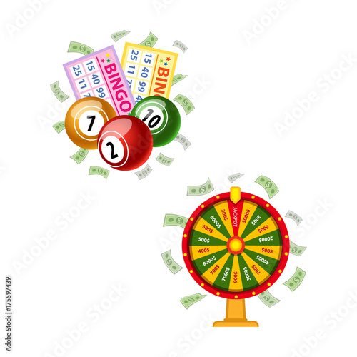 Lottery symbols - wheel of fortune, bingo game cards and round kegs, jackpot winning concept, vector illustration isolated on white background. Bingo board game cards and kegs, fortune wheel, money