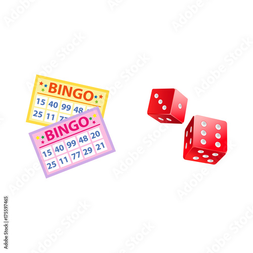 Lottery symbols - bingo game cards and two plastic dices, jackpot winning concept, vector illustration isolated on white background. Bingo board game cards and couple of dices