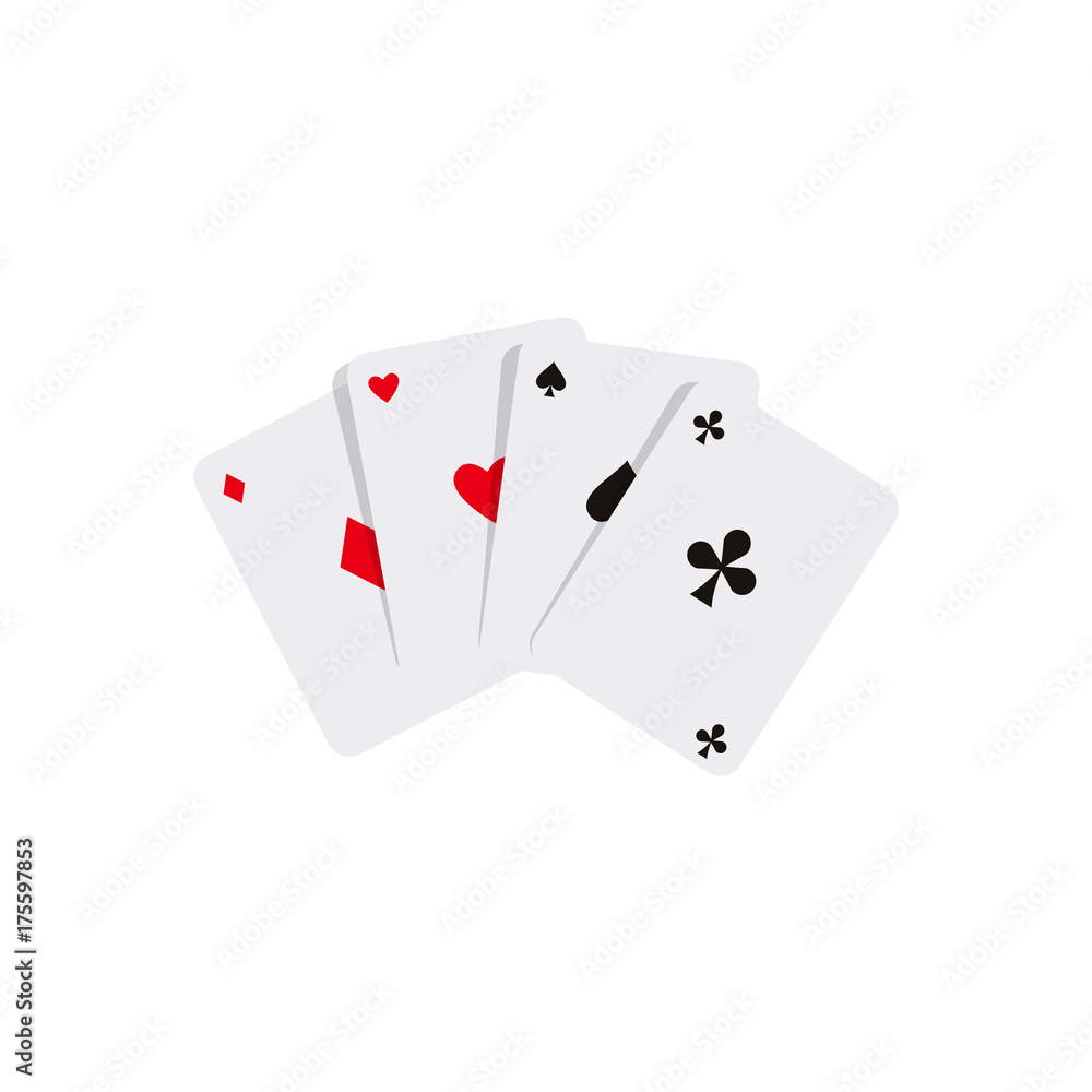 vector flat cartoon four aces poker cards spades diamonds clubs hearts. Isolated illustration on a white background. Sign of profit, easy money. Jackpot, bingo casino design poster vector flat cartoon four aces poker cards spades diamonds clubs hearts. Isolated illustration on a white background. Sign of profit, easy money. Jackpot, bingo casino design poster