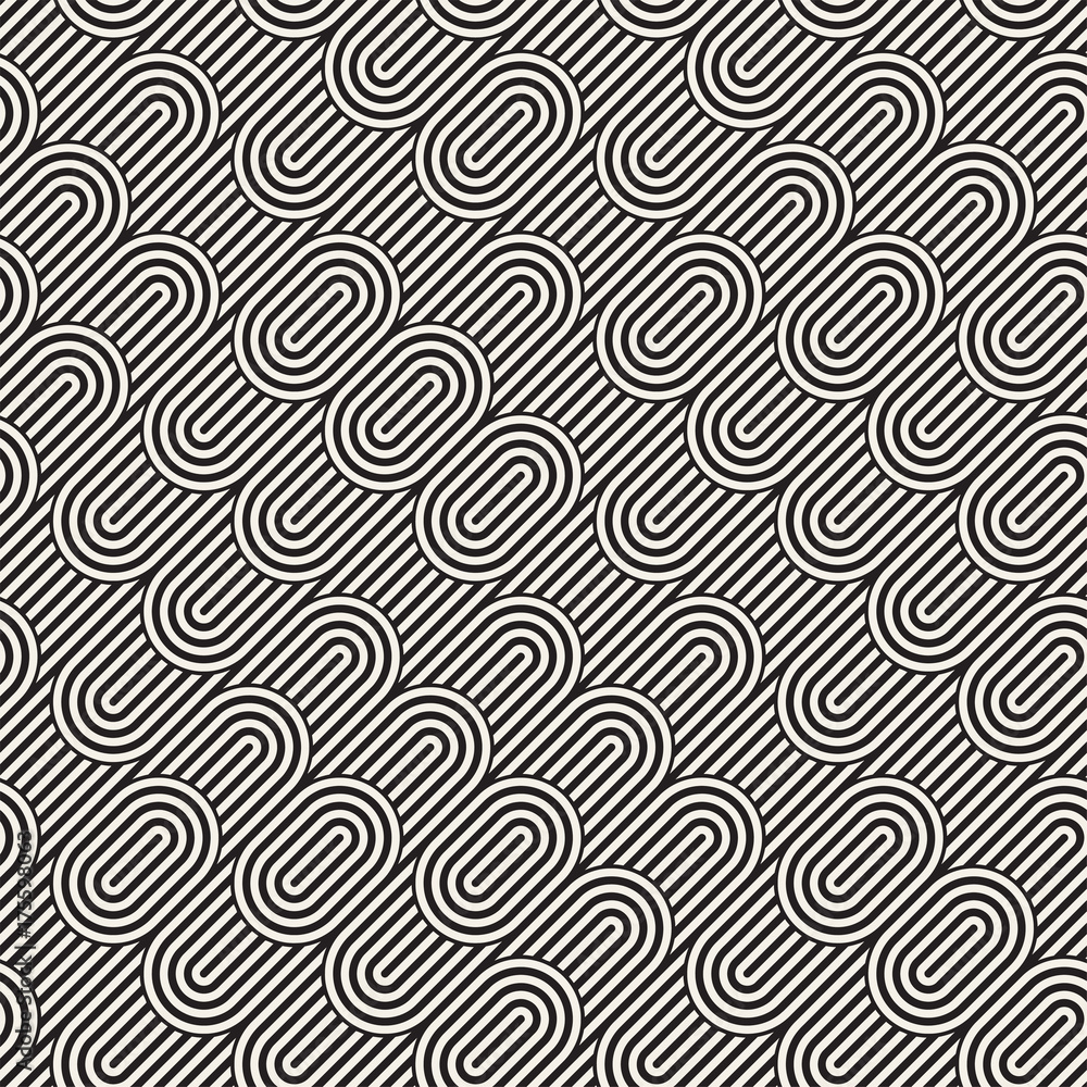 Seamless monochrome waving pattern. Abstract stripy background. Vector irregular round stripes design.