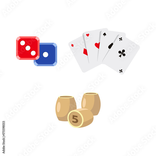 vector flat cartoon casino, gambling symbols set. Lotto, bingo barrels or kegs, dice cubes poker coins four aces all suits, chips. Isolated illustration on a white background.