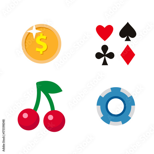 vector flat cartoon casino, gambling symbols set. Fruit cherry berry slot mashine jackpot, poker cards all suits, poker coins, chips. Isolated illustration on a white background.