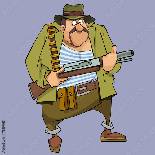cartoon frightened man in hunter outfit with gun