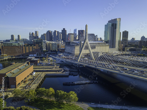 Pier of Boston Massachusetts USA, Wharf with sailboat and yachts in Charles Rive, skyline skyscrapers