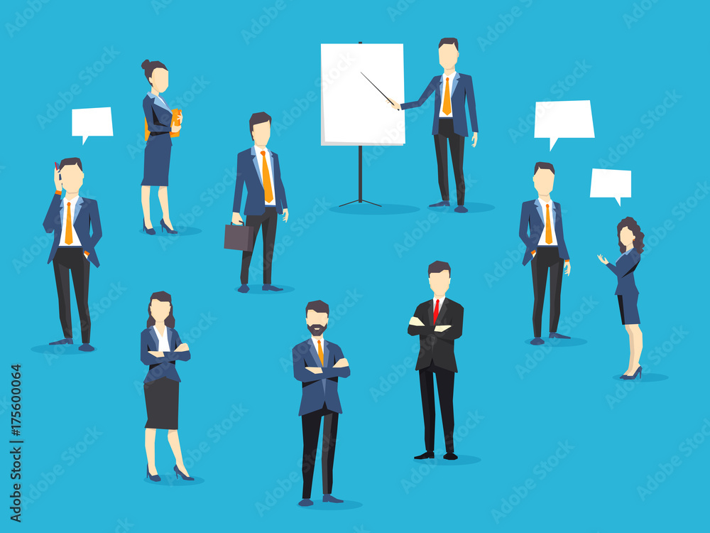 Vector creative illustration of business team. Office staff teamwork. People stand in different poses and are busy with their own affairs on blue background. Vector creative illustration of business team. Office staff teamwork. People stand in different poses and are busy with their own affairs on blue background.