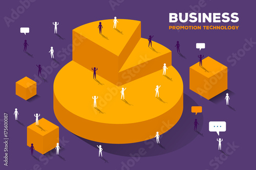 Vector creative illustration of large isometric yellow pie chart and group of connecting business people with speech bubbles. Business financial concept on dark background with text.