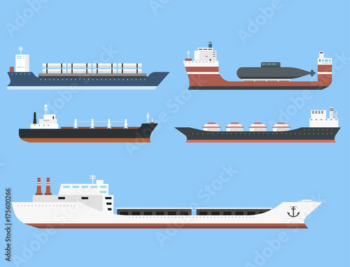 Cargo vessels and tankers shipping delivery bulk carrier train freight boat tankers isolated on background vector illustration