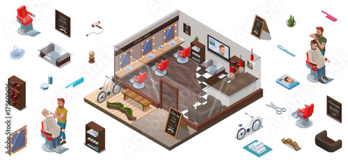 Isometric infographic 3d barber shop interior constructor, hairdresser cutting hair or beard, characters, collection for creation hipster hair salon with people, barbershop chair, bicycle, scissors