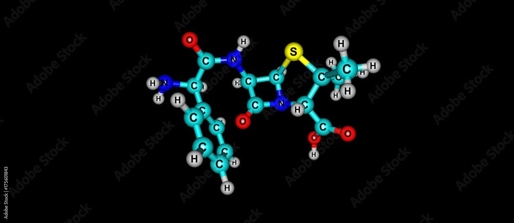 Ampicillin antibiotic molecular structure isolated on black