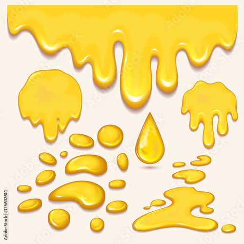Set of orange honey drops and yellow splashes healthy syrup golden food liquid drip vector illustration.
