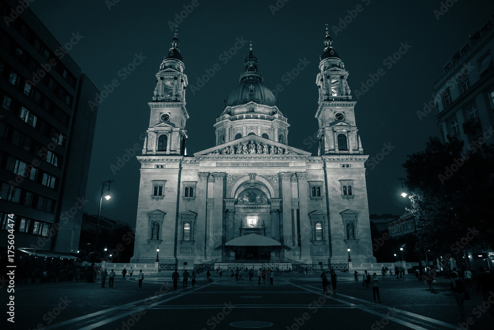 St. Stephen's Basilica, the largest church in Budapest, Hungary. Old style black and white low light film grain image. 