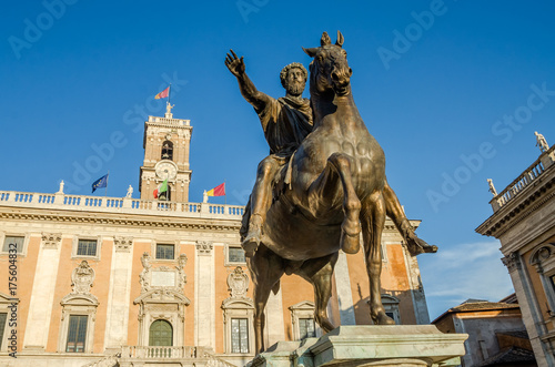 Bronze monument to Emperor Marcus Aurelius on horseback, on Capitolium square in Rome, Italy photo