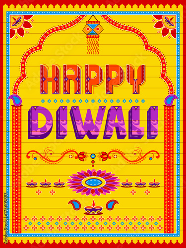 Colorful Indian truck painting on Happy Diwali card for festival of light of India
