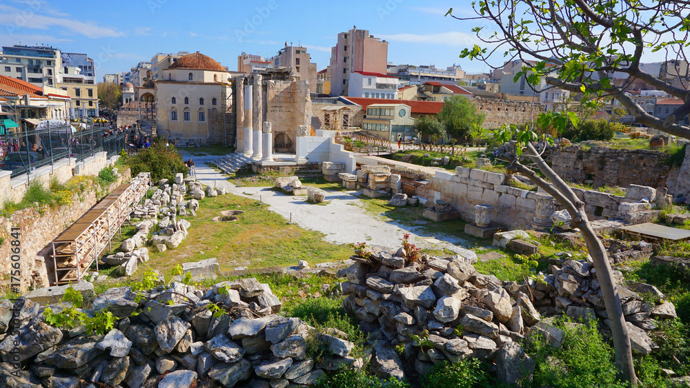 Photo of ancient monument of Hadrian's Library, Monastiraki, Athens historic center, Attica, Greece