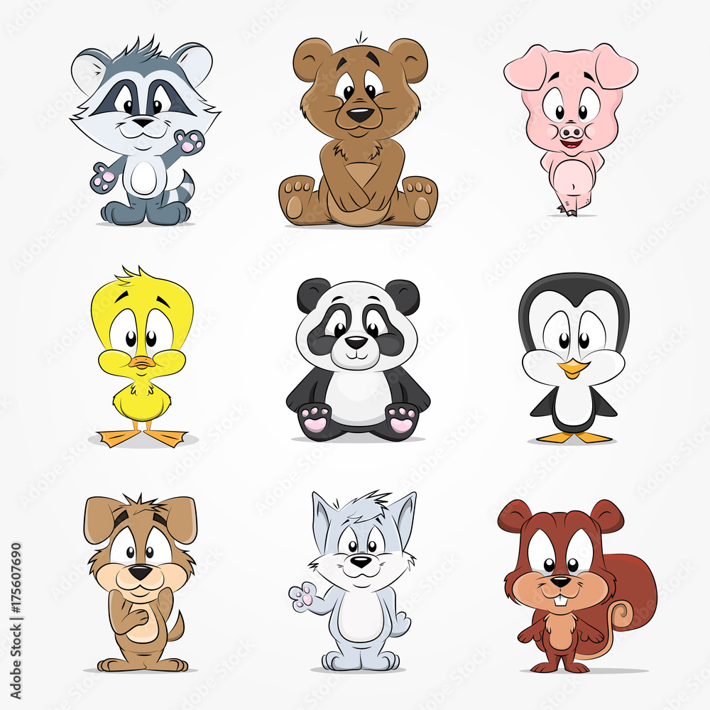 Set of cute cartoon characters animals Stock Vector | Adobe Stock