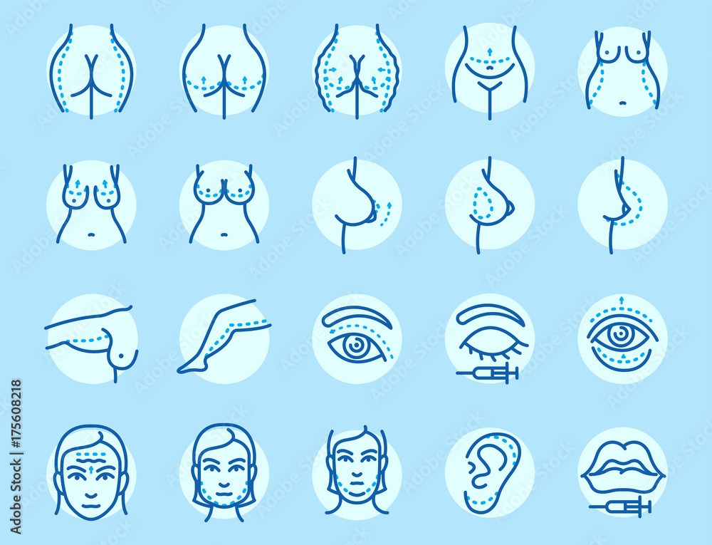 Plastic surgery body parts face correction infographic icons anaplasty medicine skin treatment beauty health procedure vector illustration