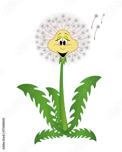 Fototapeta Naklejka Na Ścianę i Meble -  Cute cartoon dandelion. Vector flower illustration isolated on white background. Cartoon plant.