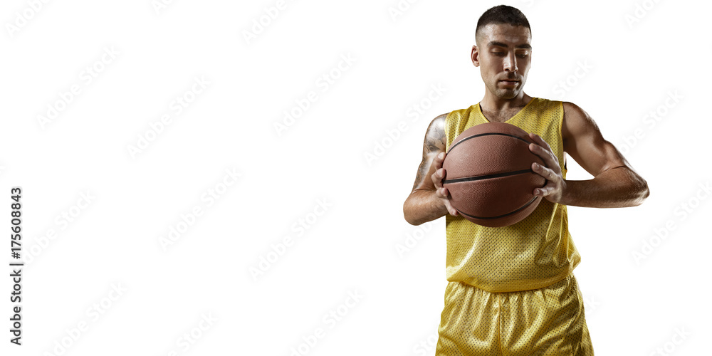 Basketball player hold a basketball ball. Isolated basketball player on a white background. Player wears unbranded clothes. Basketball player hold a basketball ball. Isolated basketball player on a white background. Player wears unbranded clothes.
