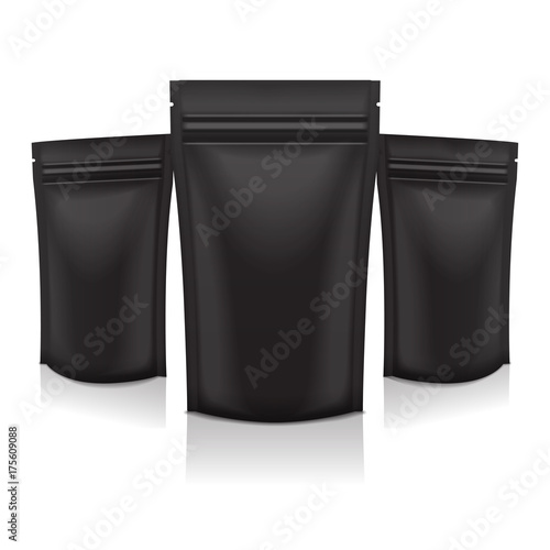 Set of Vector Black Foil Food or Cosmetic Pack Pouch Sachet Bag Packaging with Zipper. Isolated Mock up template