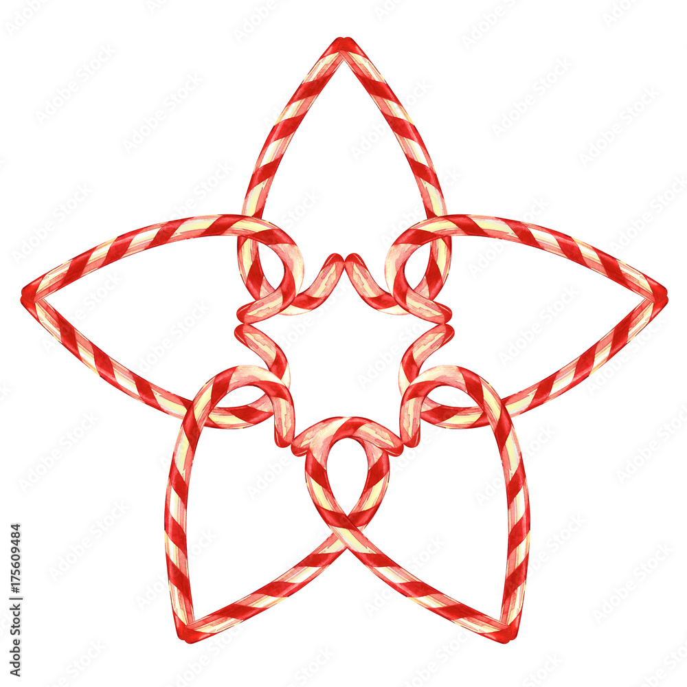 Lollipop, Star laid out with Christmas candies with a Bow. Elements for a Christmas card. Watercolor illustration isolated on white background. Lollipop, Star laid out with Christmas candies with a Bow. Elements for a Christmas card. Watercolor illustration isolated on white background.
