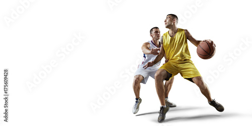 Two basketball players fight for the basketball ball. Isolated basketball players on a white background. Player wears unbranded clothes.