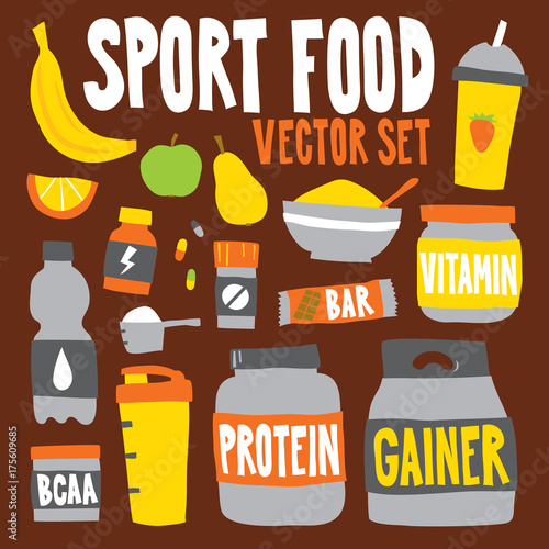Cartoon style sport food nutrition objects vector illustration pack